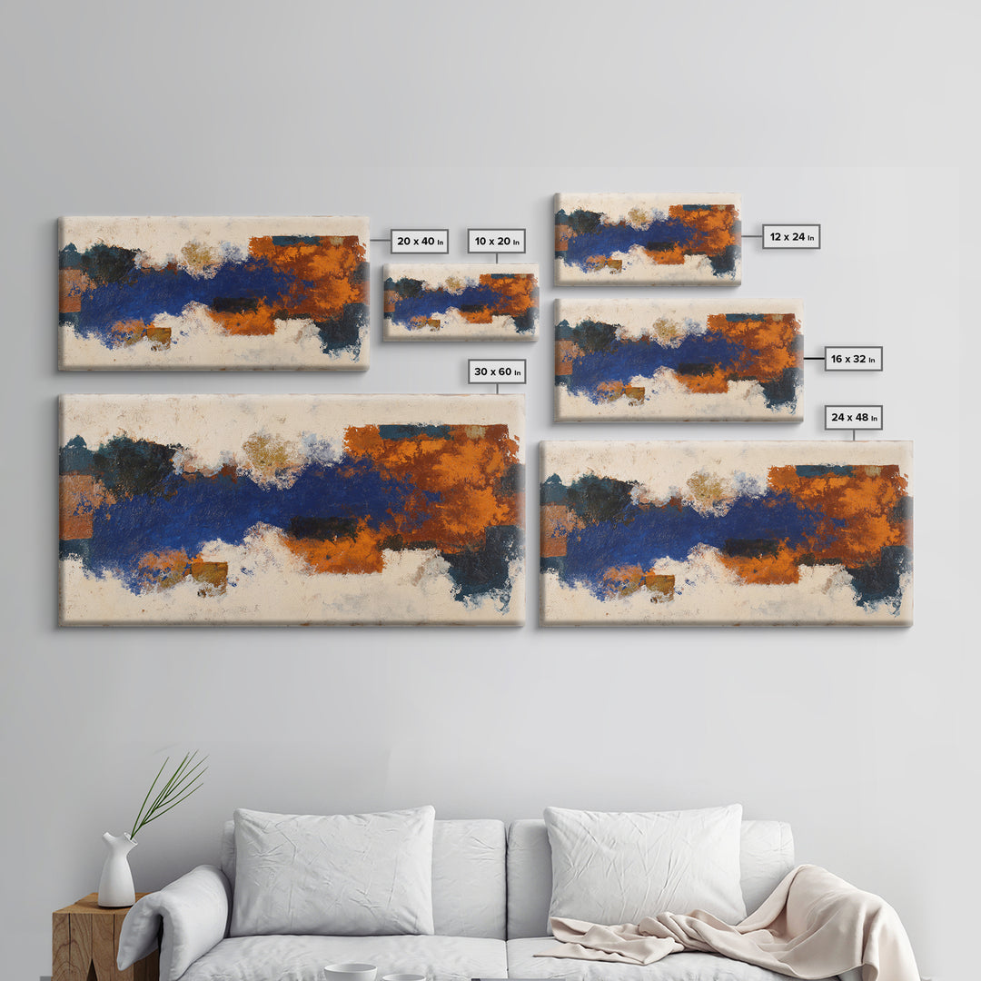 Expressive Brushwork in Cobalt and Rust Framed Canvas Print, Modern Art, Minimalist Decor, Living Room Decor, Fine Art, Modern, MOD-2x1-50