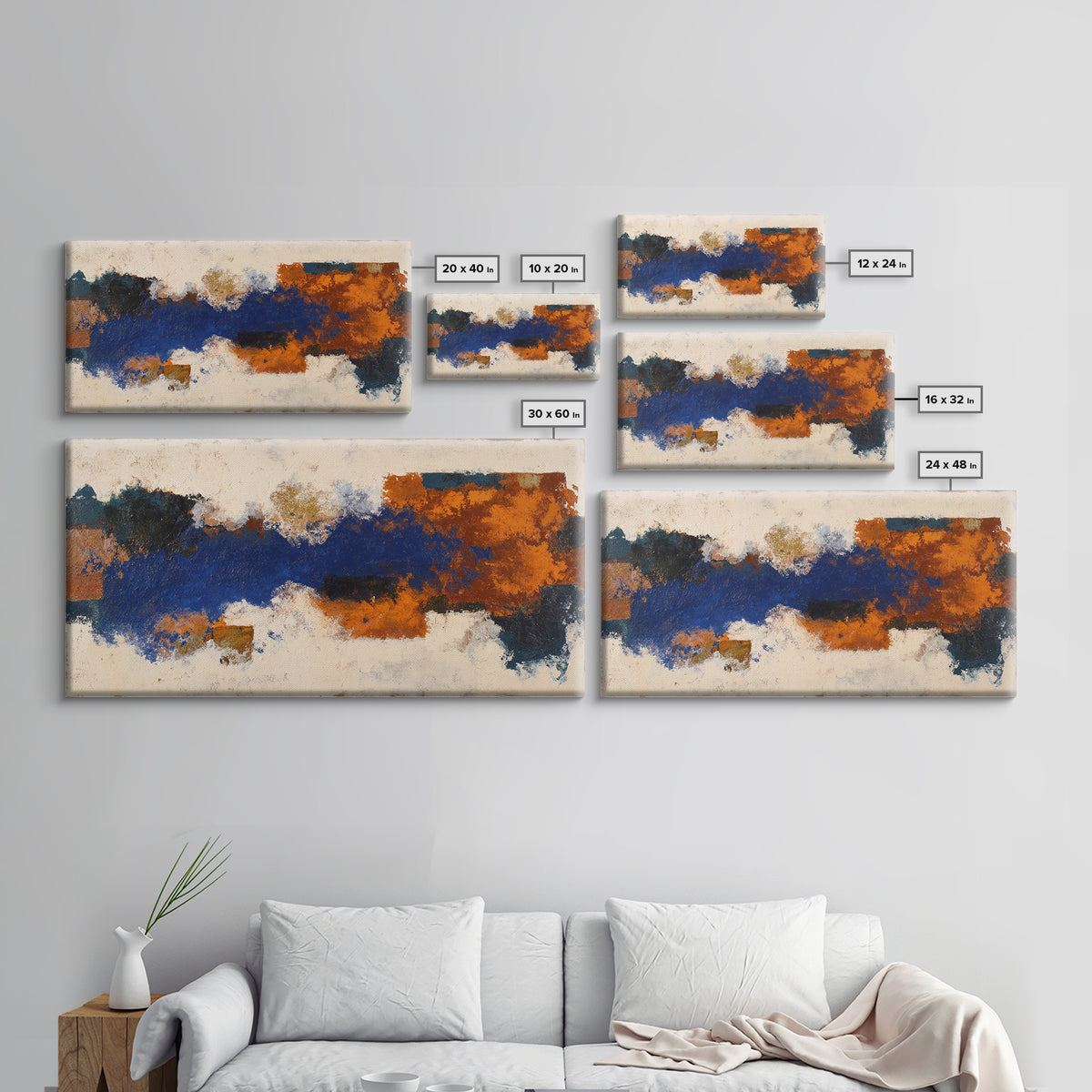 Expressive Brushwork in Cobalt and Rust Framed Canvas Print, Modern Art, Minimalist Decor, Living Room Decor, Fine Art, Modern, MOD-2x1-50