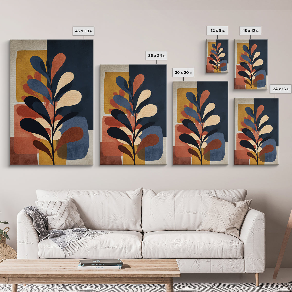 Clean Botanical Silhouette on Color Block Ground Canvas Print, Modern Art, Living Room Wall Art, Living Room Decor, Modern, MOD-2x3-7