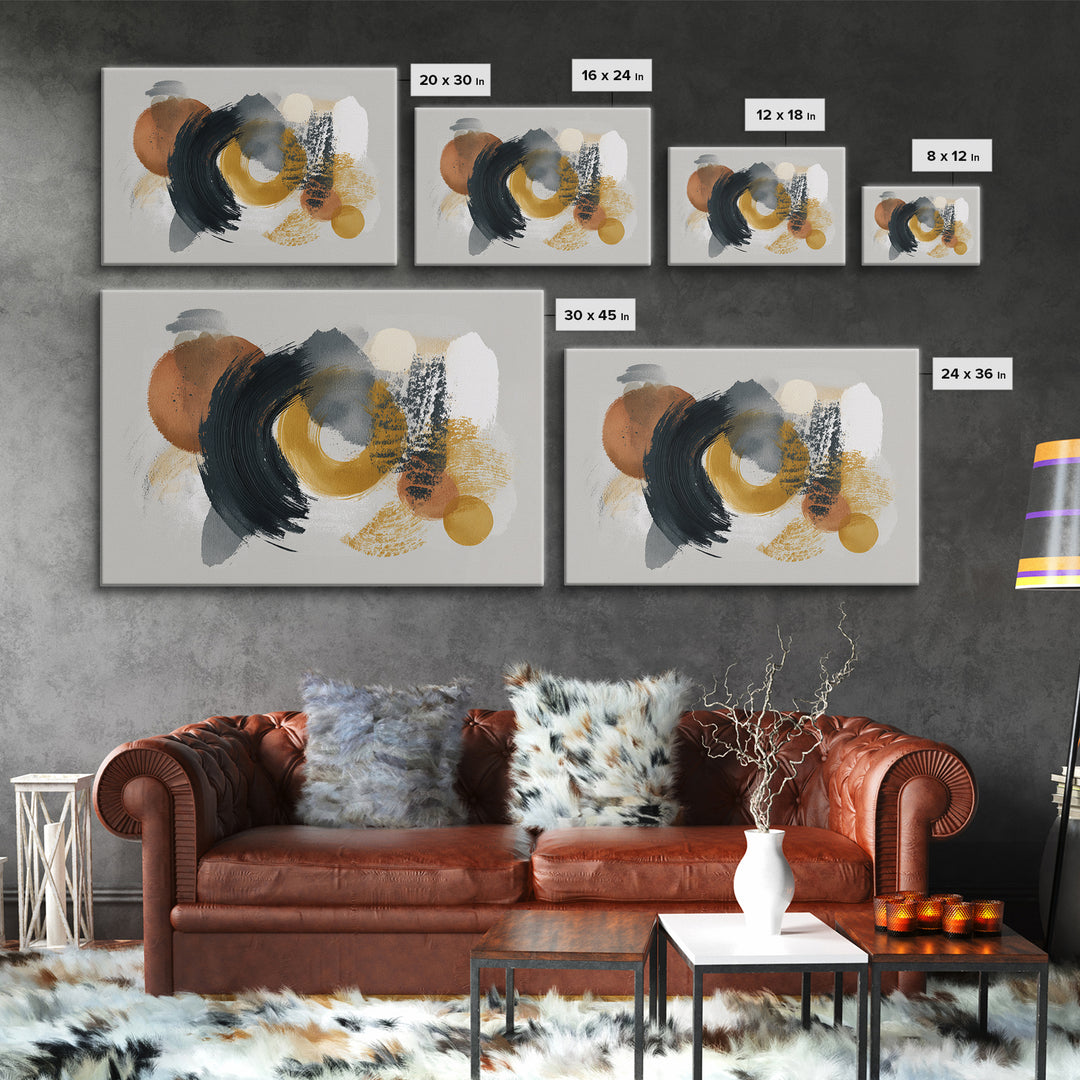 Dynamic Black Brush Marks on Neutral Ground Framed Canvas Print, Modern Art, Neutral Decor, Living Room Decor, Fine Art, Modern, MOD-3x2-39