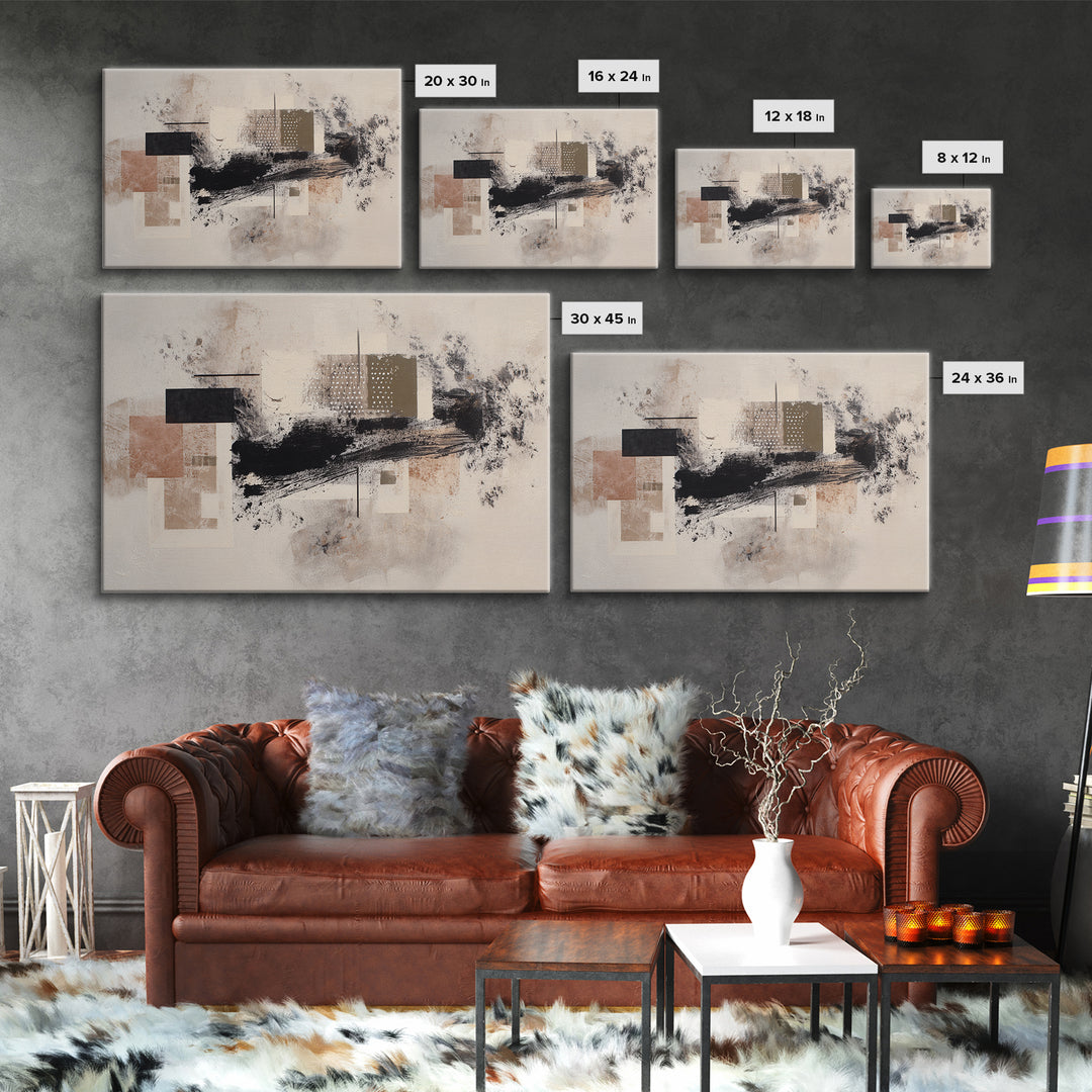 Dynamic Black Brush Marks on Neutral Ground Framed Canvas Print, Modern Art, Fine Art Print, Living Room Decor, Modern, MOD-3x2-87