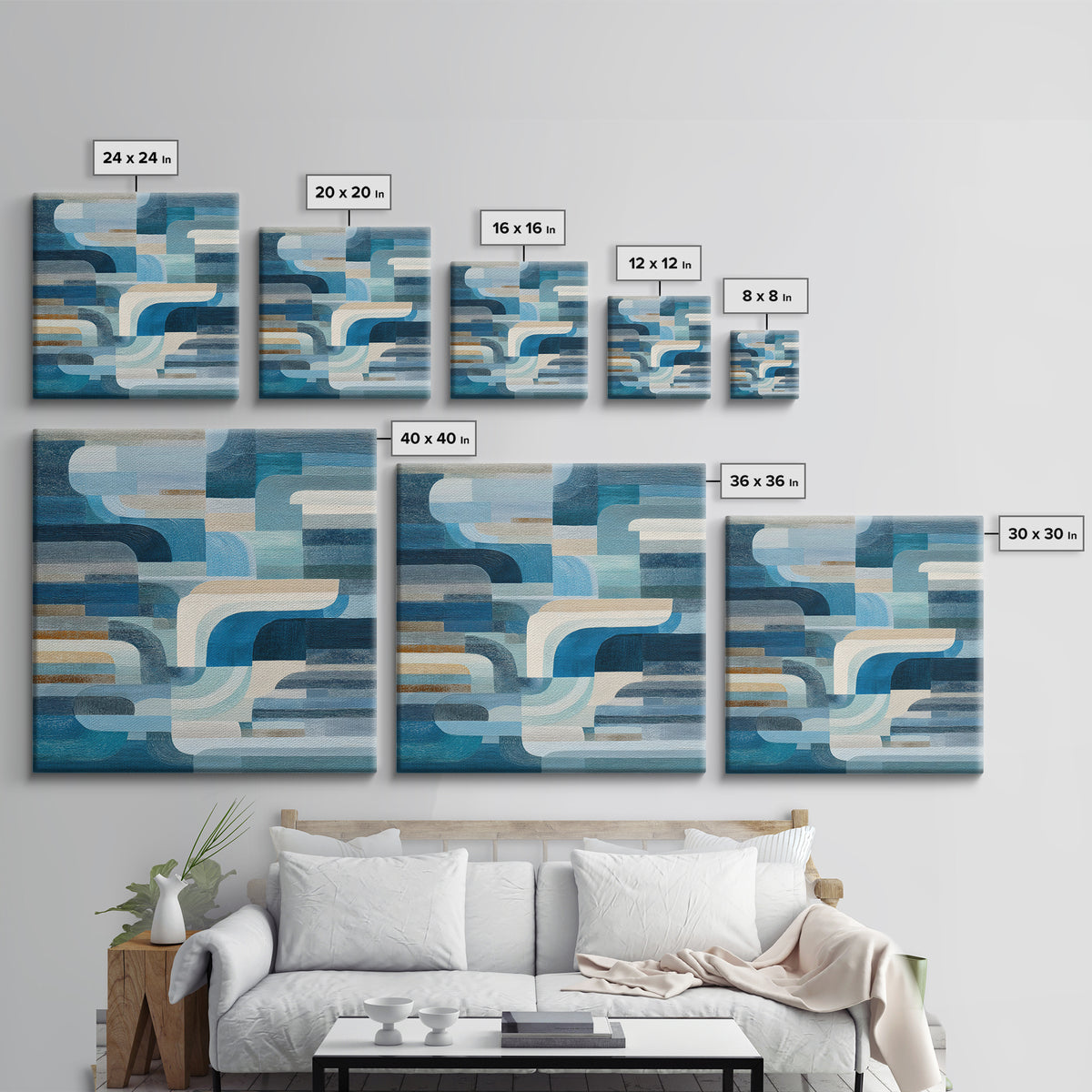 All Blue Ocean Abstraction Framed Canvas Print, Monochrome Art, Wallpaper Mural, Living Room Decor, Fine Art, Mono, MON-1x1-1
