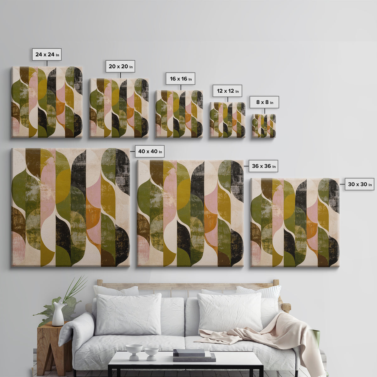 Olive Green Abstract Leaf Pattern Canvas Print, Monochrome Art, Living Room Decor, Watercolor Art, Mono, Printable Art, MON-1x1-20