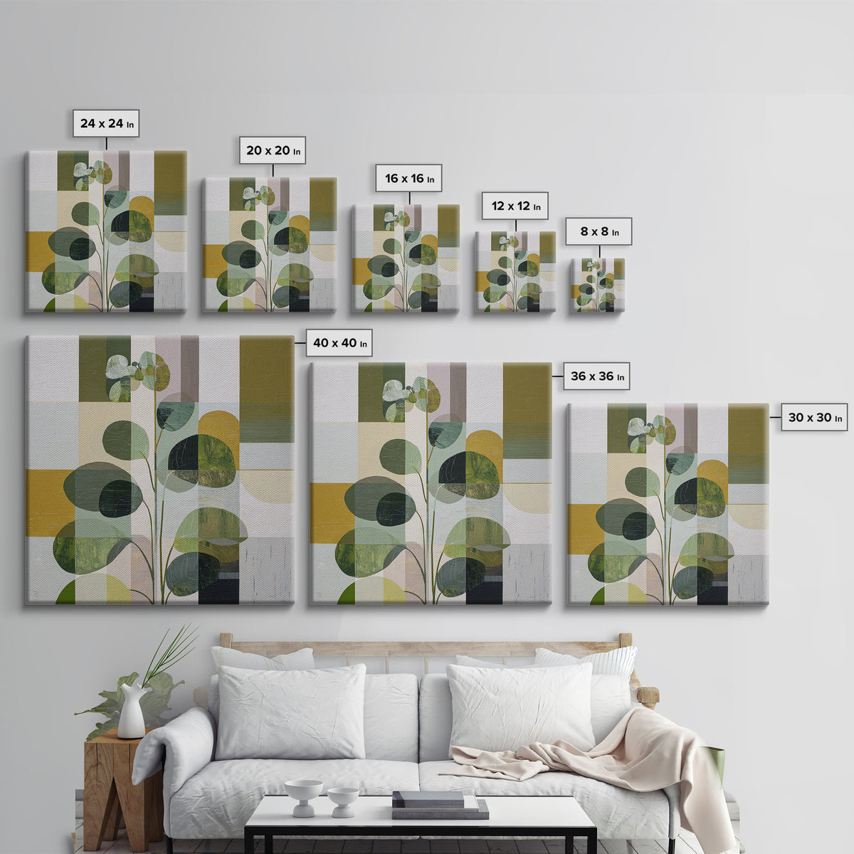Green Botanical Study Framed Canvas Print, Monochrome Art, Digital Print, Living Room Decor, Oil Painting, Mono, Modern Art, MON-1x1-27