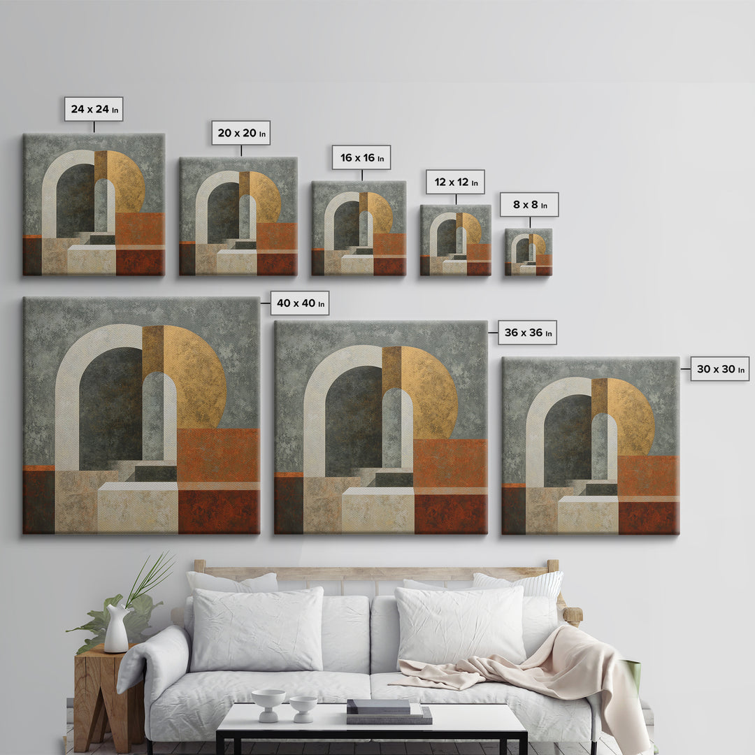 Gray Architectural Arch and Shadow Study Framed Canvas Print, Monochrome Art, Abstract Painting, Living Room Decor, MON-1x1-34