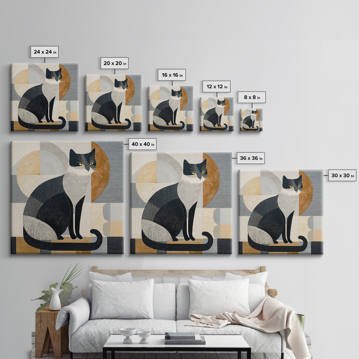 Monochrome Cat Portrait Canvas Print, Monochrome Art, Printable Art, Living Room Decor, Oil Painting, Mono, Minimalist Wall Art, MON-1x1-35