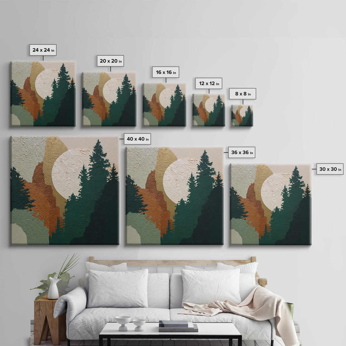 Deep Green Forest Silhouette Study Framed Canvas Print, Monochrome Art, Minimalist Wall Art, Living Room Decor, Fine Art, Mono, MON-1x1-37