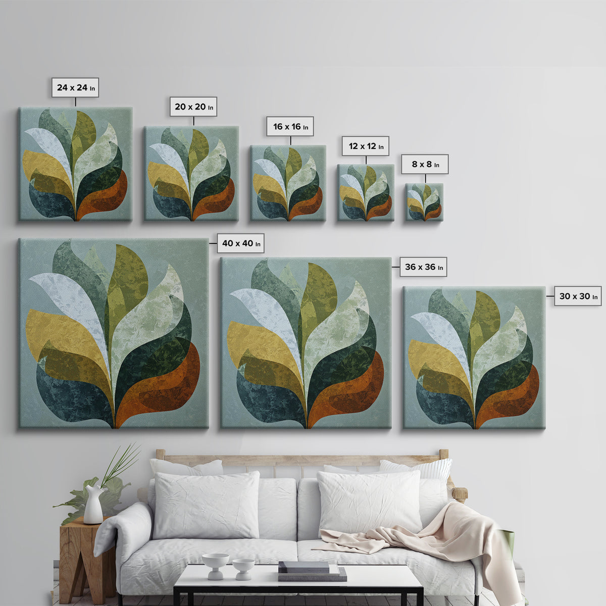 Olive Green Abstract Leaf Pattern Framed Canvas Print, Monochrome Art, Large Wall Art, Living Room Decor, Fine Art, Mono, MON-1x1-44