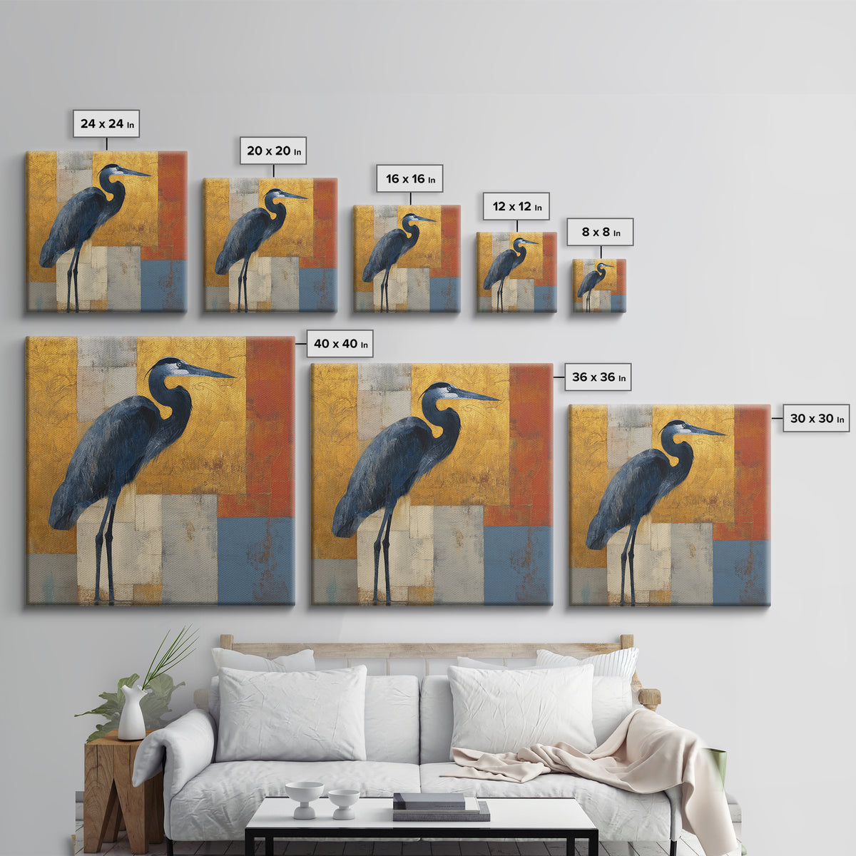 Blue Heron in Monochrome Navy Palette Framed Canvas Print, Monochrome Art, Digital Wall Art, Living Room Decor, Fine Art, Mono, MON-1x1-56