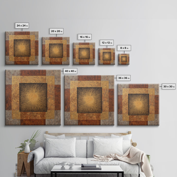 Gold Tonal Sunburst Medallion Framed Canvas Print, Monochrome Art, Wallpaper Mural, Living Room Decor, Fine Art, Mono, MON-1x1-62
