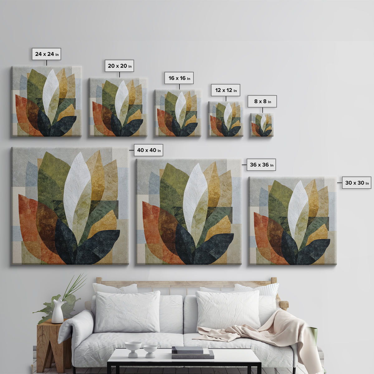 Olive Green Abstract Leaf Pattern Framed Canvas Print, Monochrome Art, Unique Wall Art, Living Room Decor, Oil Painting, Mono, MON-1x1-68
