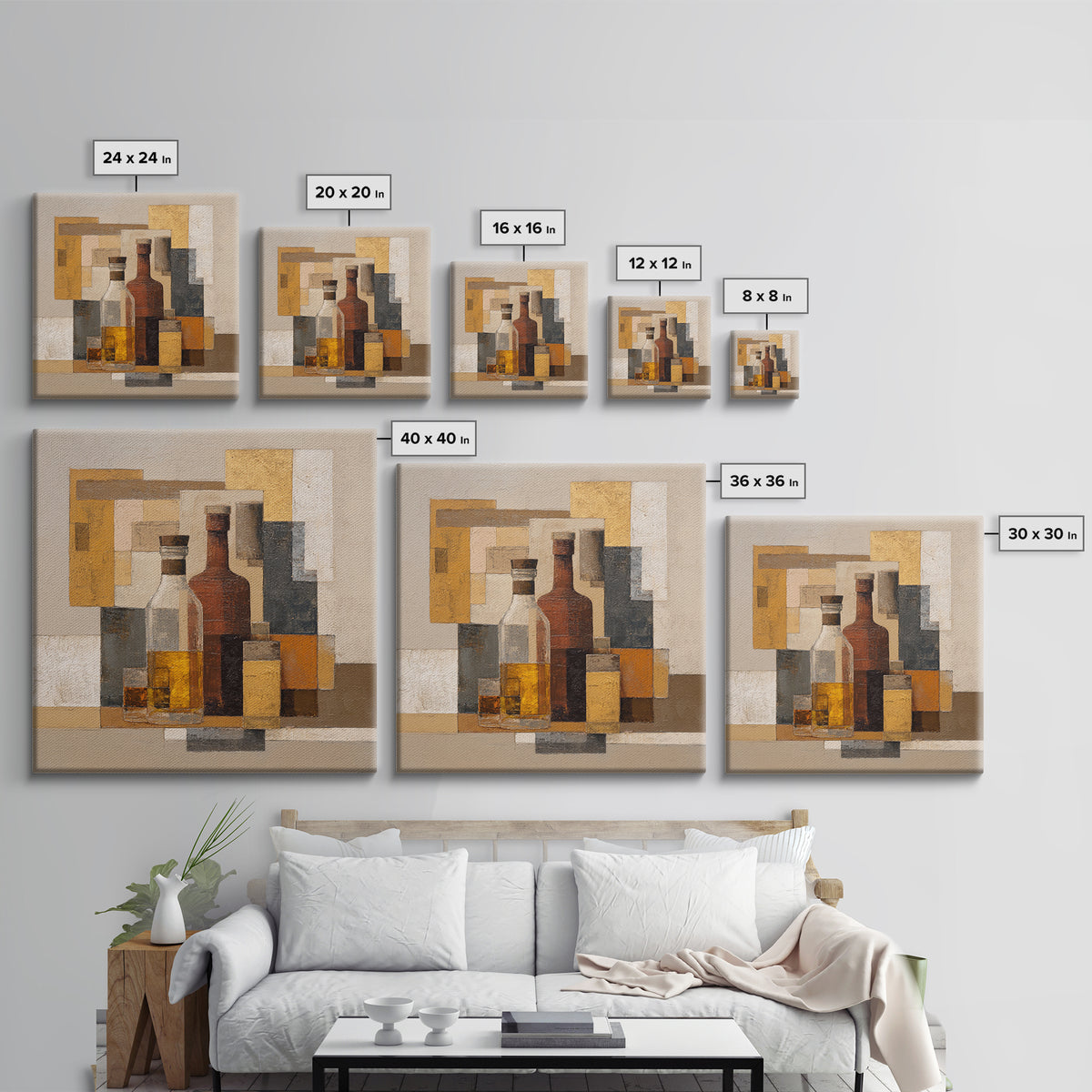 Brown Leather and Whiskey Still Life Framed Canvas Print, Monochrome Art, Abstract Painting, Living Room Decor, Fine Art, Mono, MON-1x1-71