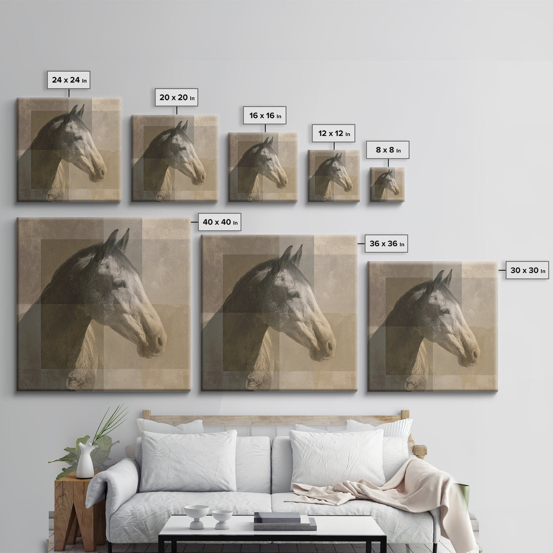 Sepia Horse Portrait Framed Canvas Print, Monochrome Art, Minimalist Wall Art, Living Room Decor, Oil Painting, Mono, MON-1x1-74