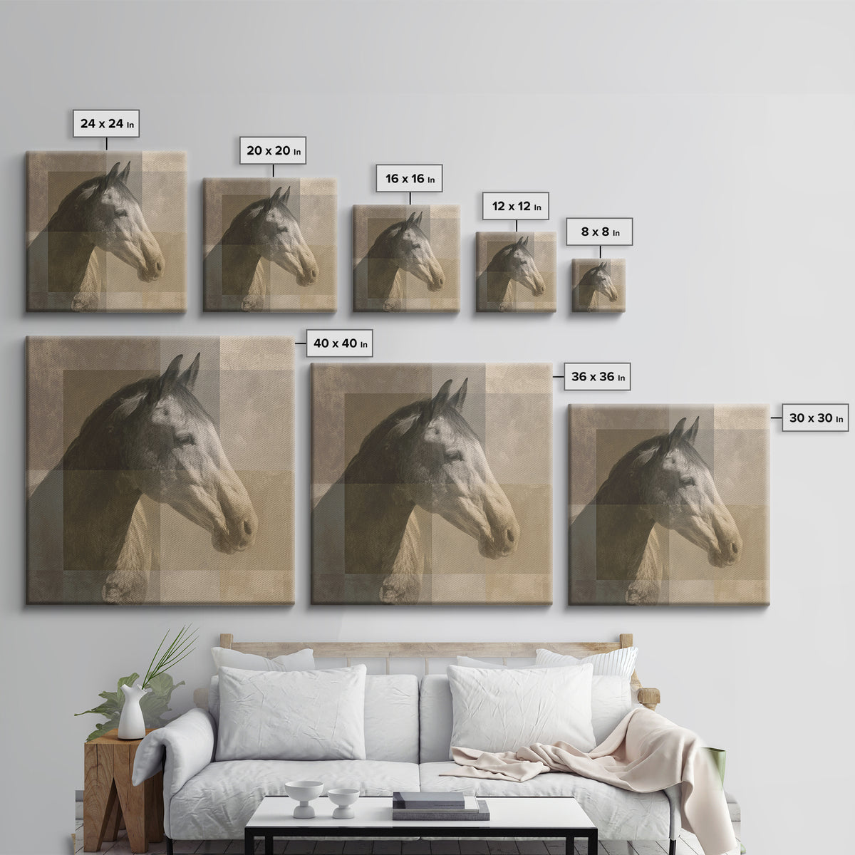 Sepia Horse Portrait Framed Canvas Print, Monochrome Art, Minimalist Wall Art, Living Room Decor, Oil Painting, Mono, MON-1x1-74