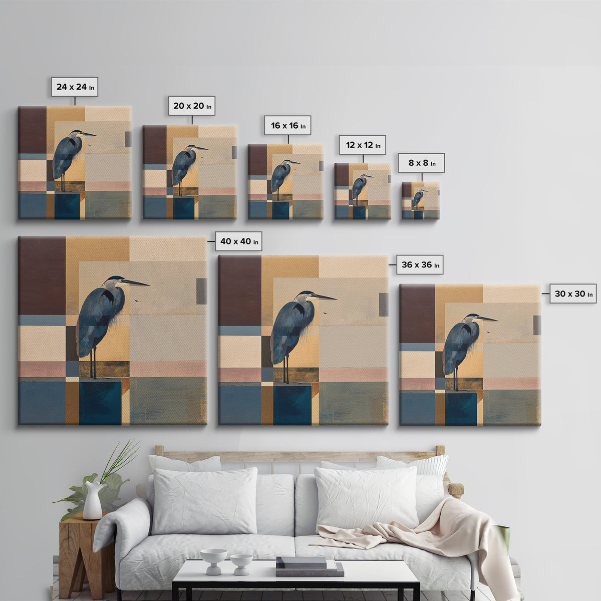 Blue Heron in Monochrome Navy Palette Framed Canvas Print, Monochrome Art, Mid Century Modern, Living Room Decor, Mono, MON-1x1-8