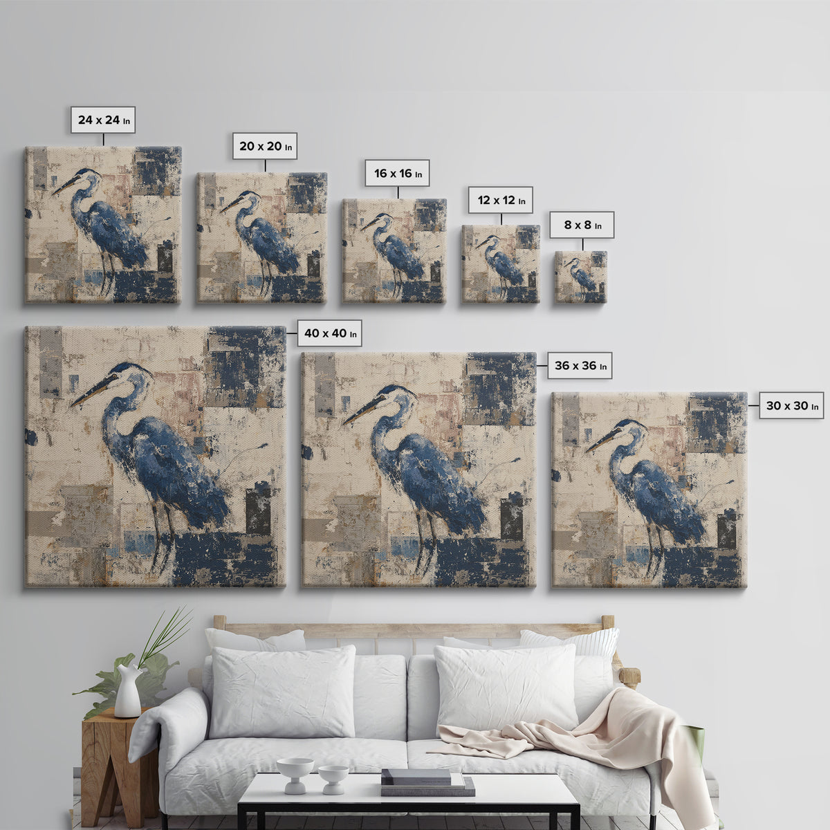 Blue Heron in Monochrome Navy Palette Framed Canvas Print, Monochrome Art, Neutral Decor, Living Room Decor, Fine Art, Mono, MON-1x1-80