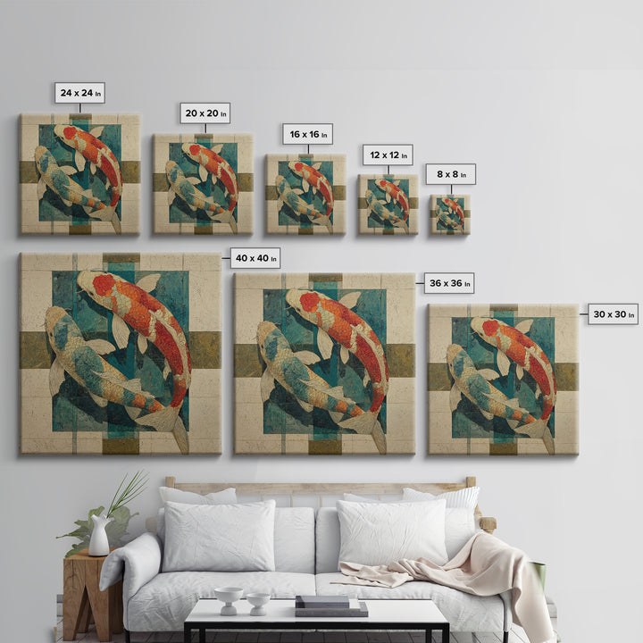 Teal Koi Fish on Tonal Water Canvas Print, Monochrome Art, Boho Decor, Living Room Decor, Fine Art, Mono, Digital Art, MON-1x1-89