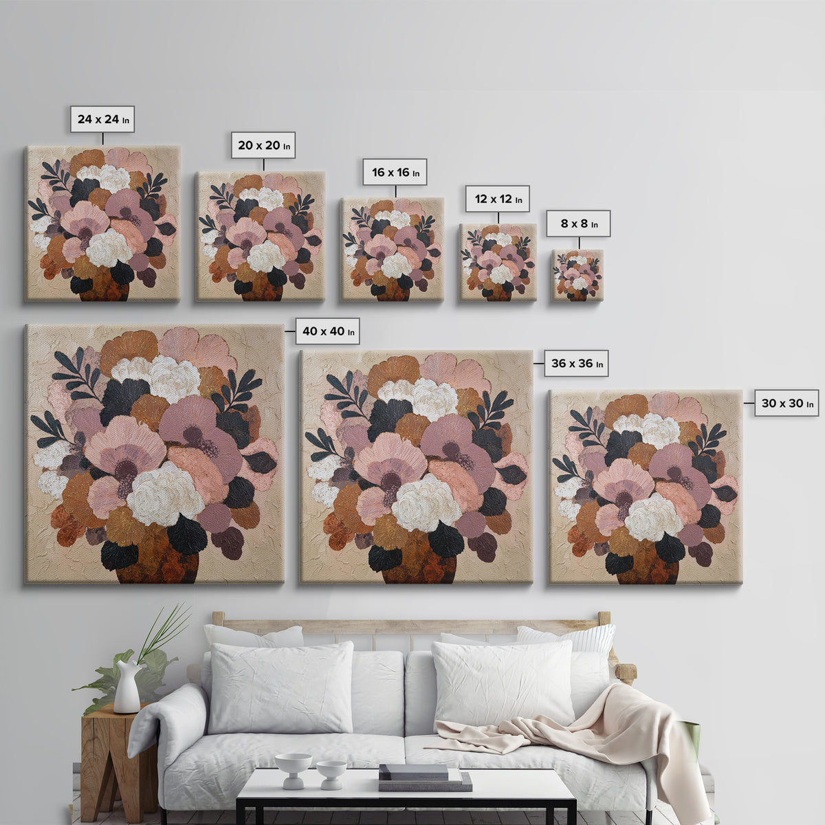 Monochrome Floral Bouquet Canvas Print, Monochrome Art, Modern Art, Living Room Decor, Oil Painting, Mono, Textured Painting, MON-1x1-90