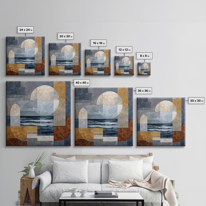 Silver Ocean Moonlight Scene Canvas Print, Monochrome Art, Boho Decor, Living Room Decor, Fine Art, Mono, Digital Art, MON-1x1-91