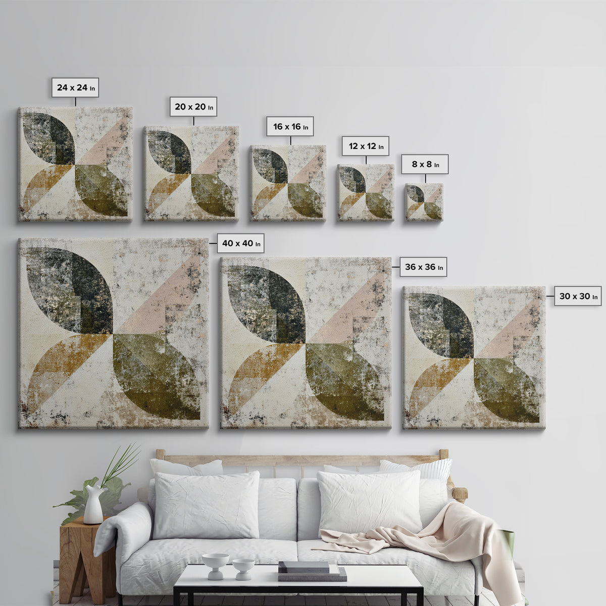 Olive Green Abstract Leaf Pattern Canvas Print, Monochrome Art, Modern Art, Living Room Decor, Watercolor Art, Mono, MON-1x1-92