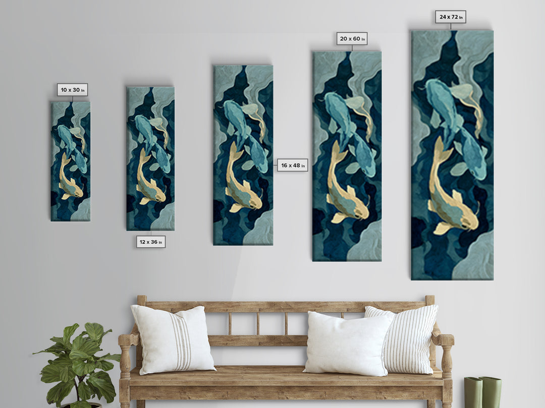 Teal Koi Fish on Tonal Water Framed Canvas Print, Monochrome Art, Neutral Decor, Living Room Decor, Fine Art, Mono, Home Decor, MON-1x3-29