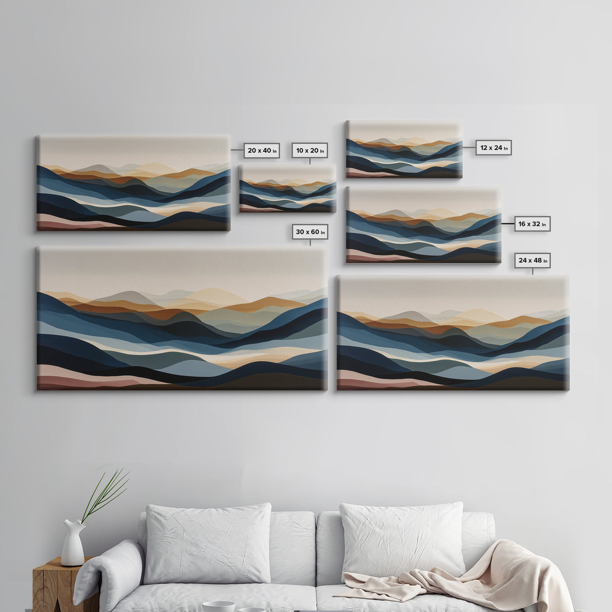 Blue Mountain Ridge Layers Framed Canvas Print, Monochrome Art, Fine Art Print, Living Room Decor, Watercolor Art, Mono, MON-2x1-20