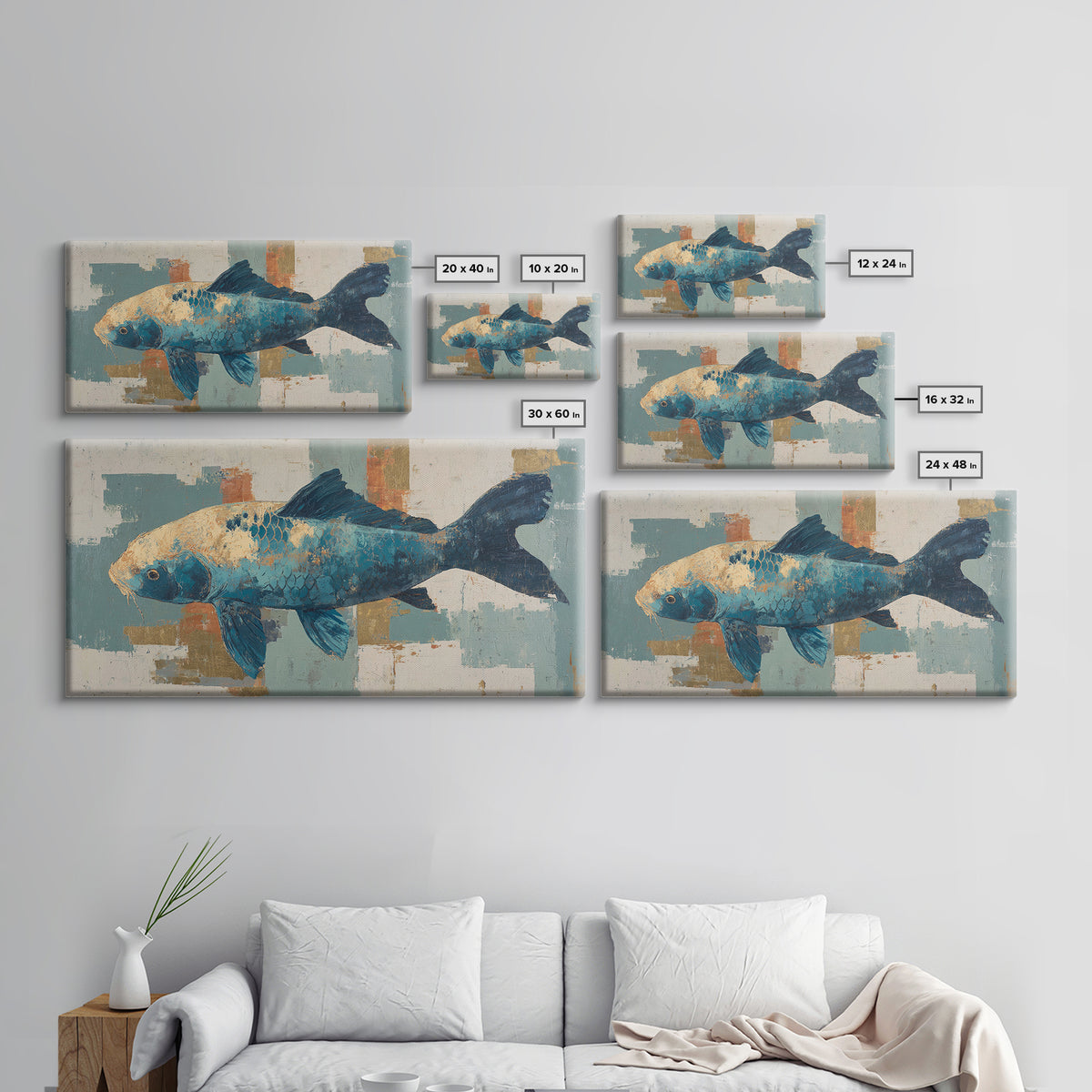 Teal Koi Fish on Tonal Water Framed Canvas Print, Monochrome Art, Minimalist Decor, Living Room Decor, Fine Art, Mono, MON-2x1-37
