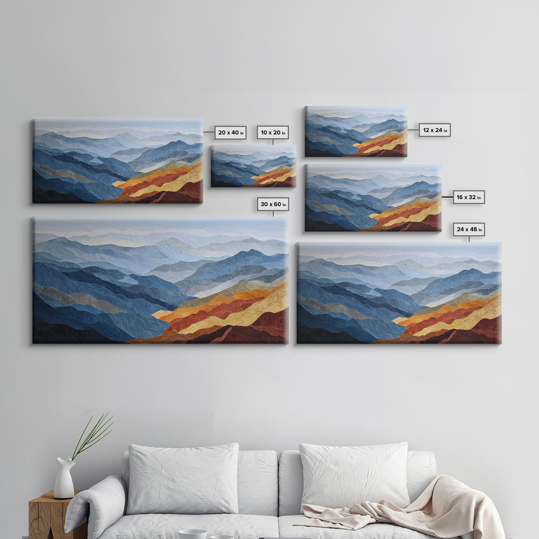 Blue Mountain Ridge Layers Canvas Print, Monochrome Art, Textured Painting, Living Room Decor, Fine Art, Mono, MON-2x1-44