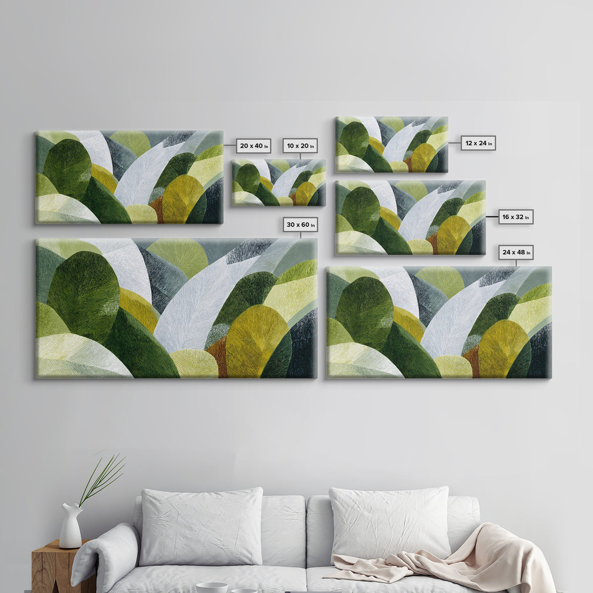 Olive Green Abstract Leaf Pattern Framed Canvas Print, Monochrome Art, Abstract Art, Living Room Decor, Watercolor Art, Mono, MON-2x1-88