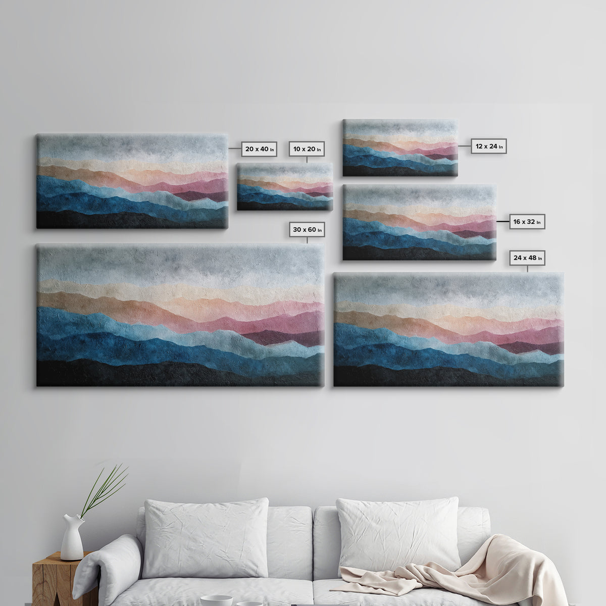Blue Mountain Ridge Layers Framed Canvas Print, Monochrome Art, Bedroom Decor, Living Room Decor, Mono, Abstract Painting, MON-2x1-92