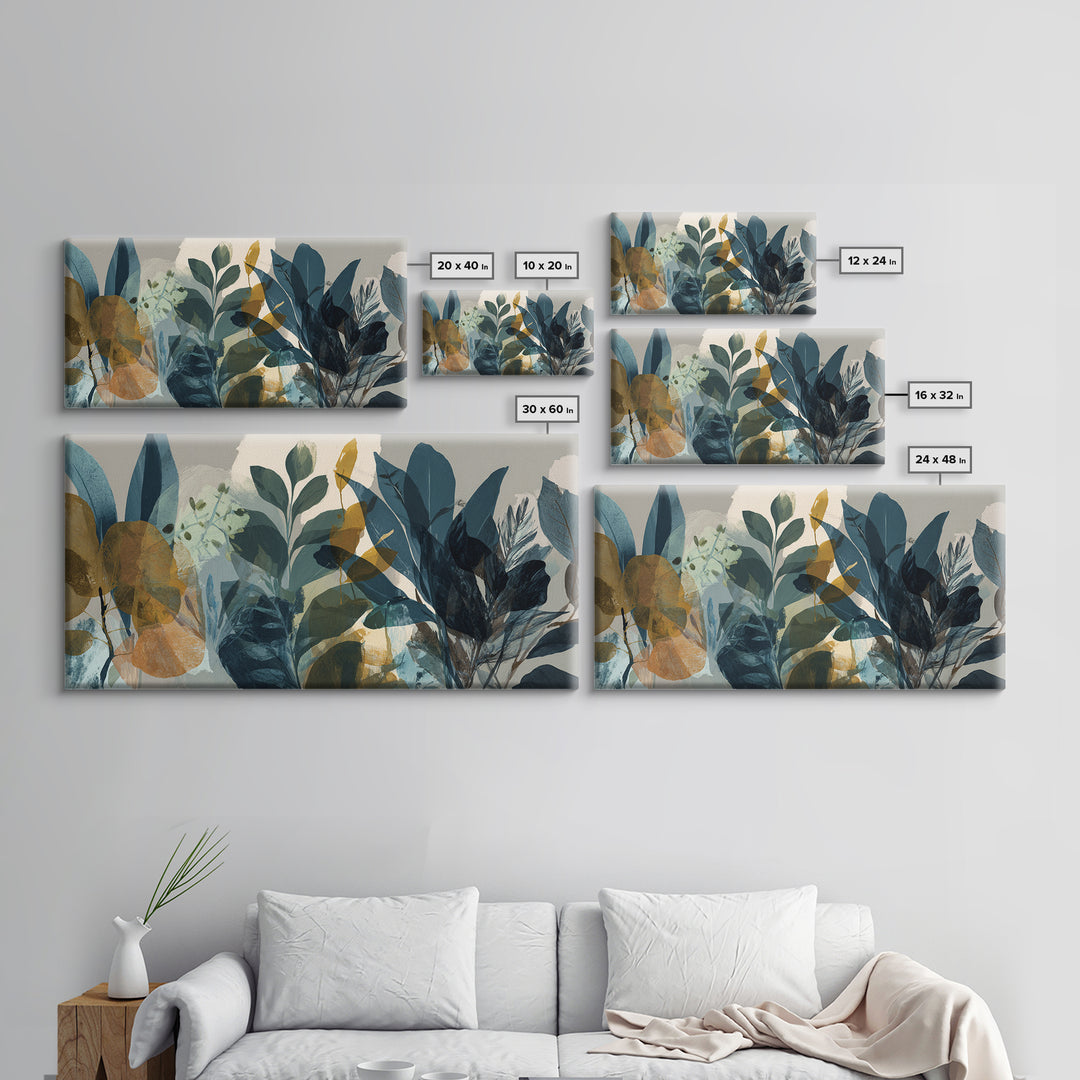 Green Botanical Study Framed Canvas Print, Monochrome Art, Moody Wall Art, Living Room Decor, Oil Painting, Mono, MON-2x1-95