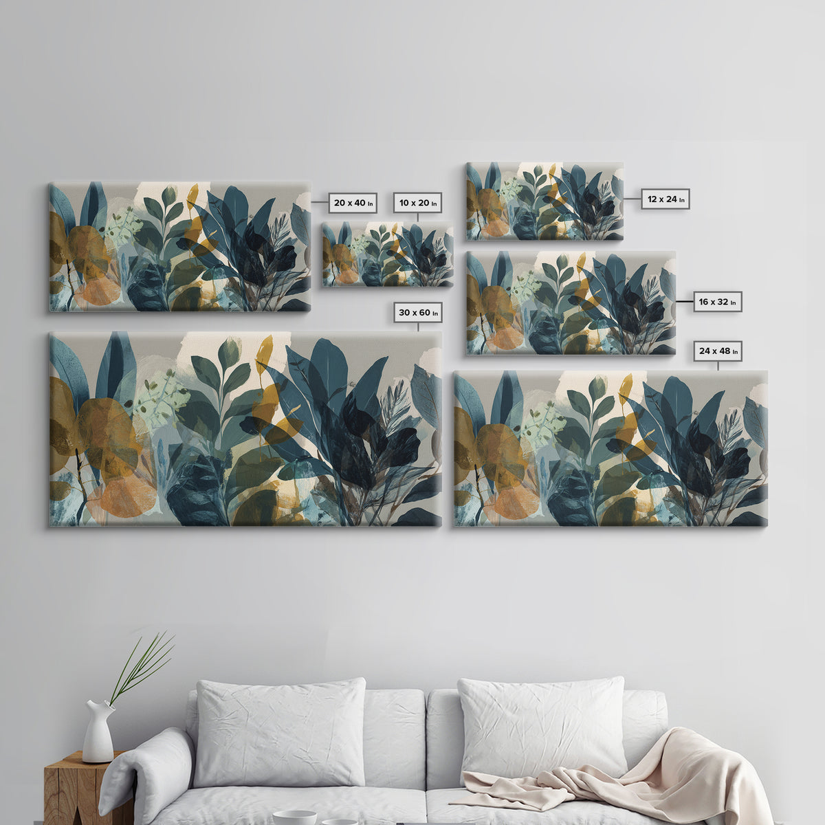Green Botanical Study Framed Canvas Print, Monochrome Art, Moody Wall Art, Living Room Decor, Oil Painting, Mono, MON-2x1-95