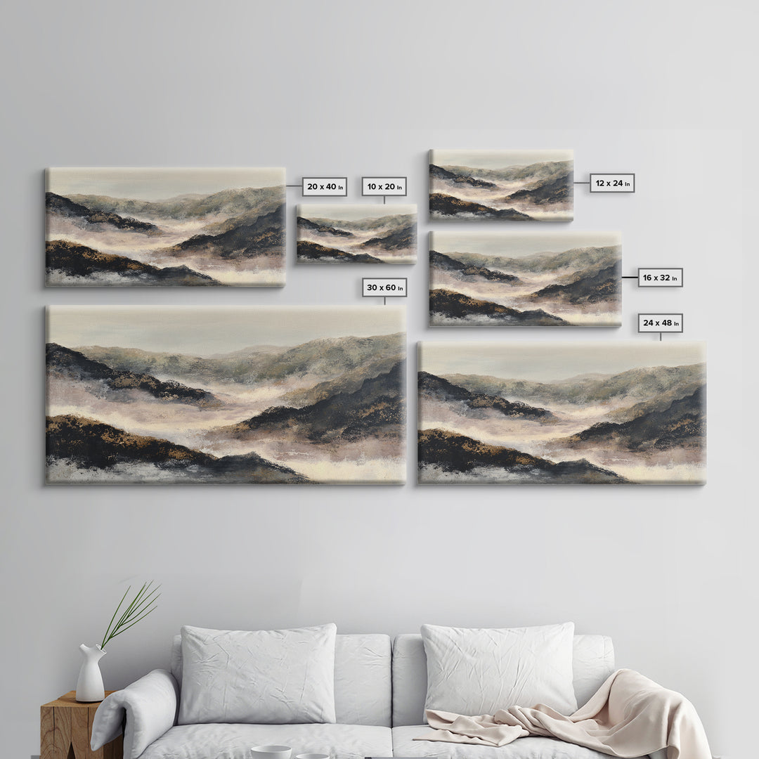 Charcoal Mountain Landscape Framed Canvas Print, Monochrome Art, Boho Wall Art, Living Room Decor, Mono, Neutral Decor, MON-2x1-96