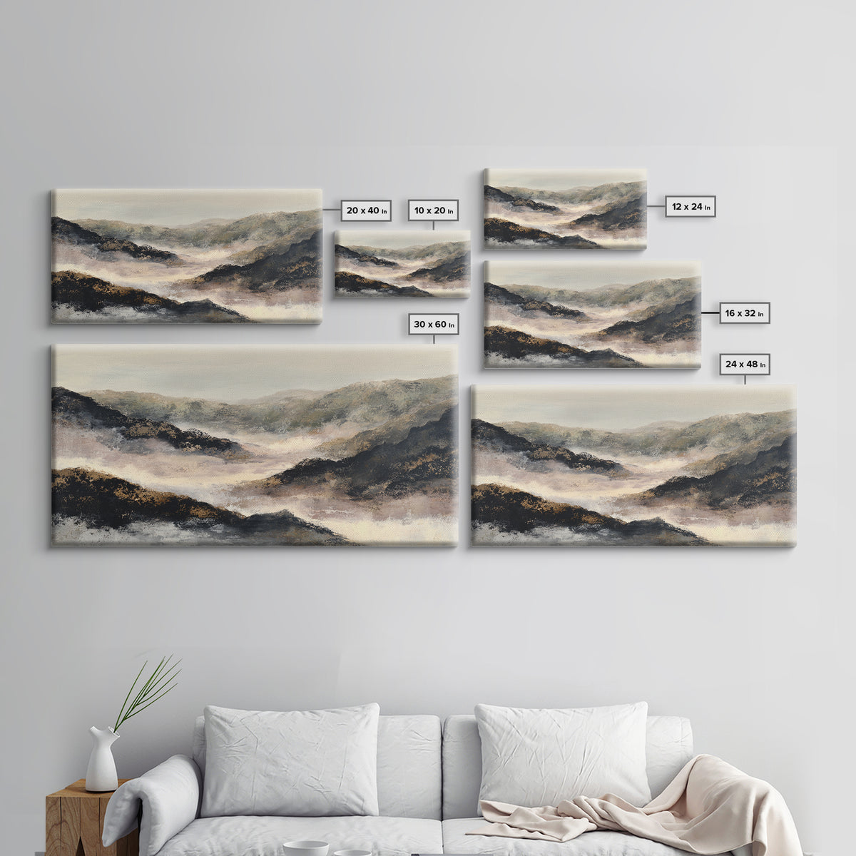 Charcoal Mountain Landscape Framed Canvas Print, Monochrome Art, Boho Wall Art, Living Room Decor, Mono, Neutral Decor, MON-2x1-96