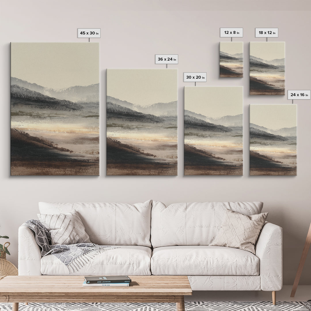 Charcoal Mountain Landscape Framed Canvas Print, Monochrome Art, Minimalist Decor, Living Room Decor, Fine Art, Mono, MON-2x3-12