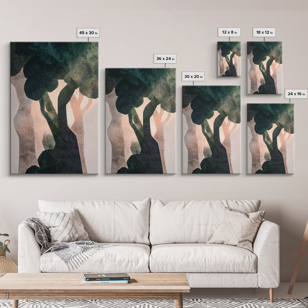 Deep Green Forest Silhouette Study Framed Canvas Print, Monochrome Art, Contemporary Art, Living Room Decor, Fine Art, Mono, MON-2x3-21