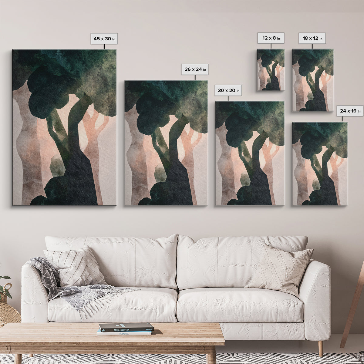 Deep Green Forest Silhouette Study Framed Canvas Print, Monochrome Art, Contemporary Art, Living Room Decor, Fine Art, Mono, MON-2x3-21