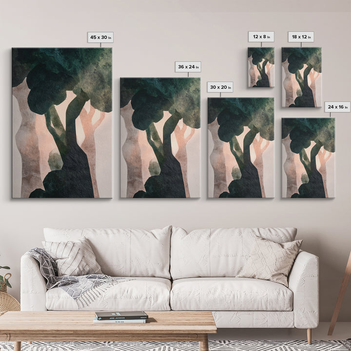 Deep Green Forest Silhouette Study Framed Canvas Print, Monochrome Art, Contemporary Art, Living Room Decor, Fine Art, Mono, MON-2x3-21