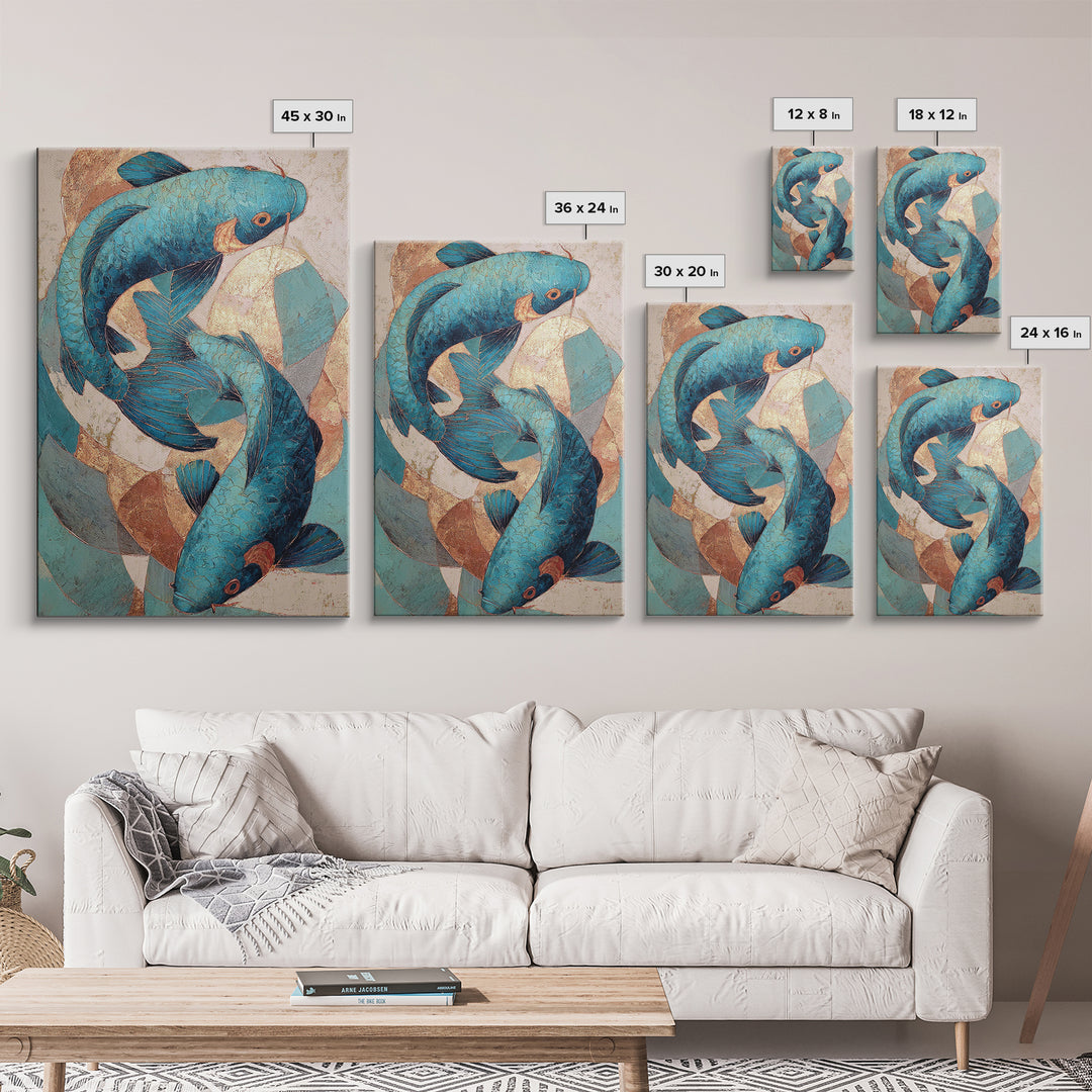 Teal Koi Fish on Tonal Water Framed Canvas Print, Monochrome Art, Wall Art, Living Room Decor, Fine Art, Mono, Abstract Art, MON-2x3-25