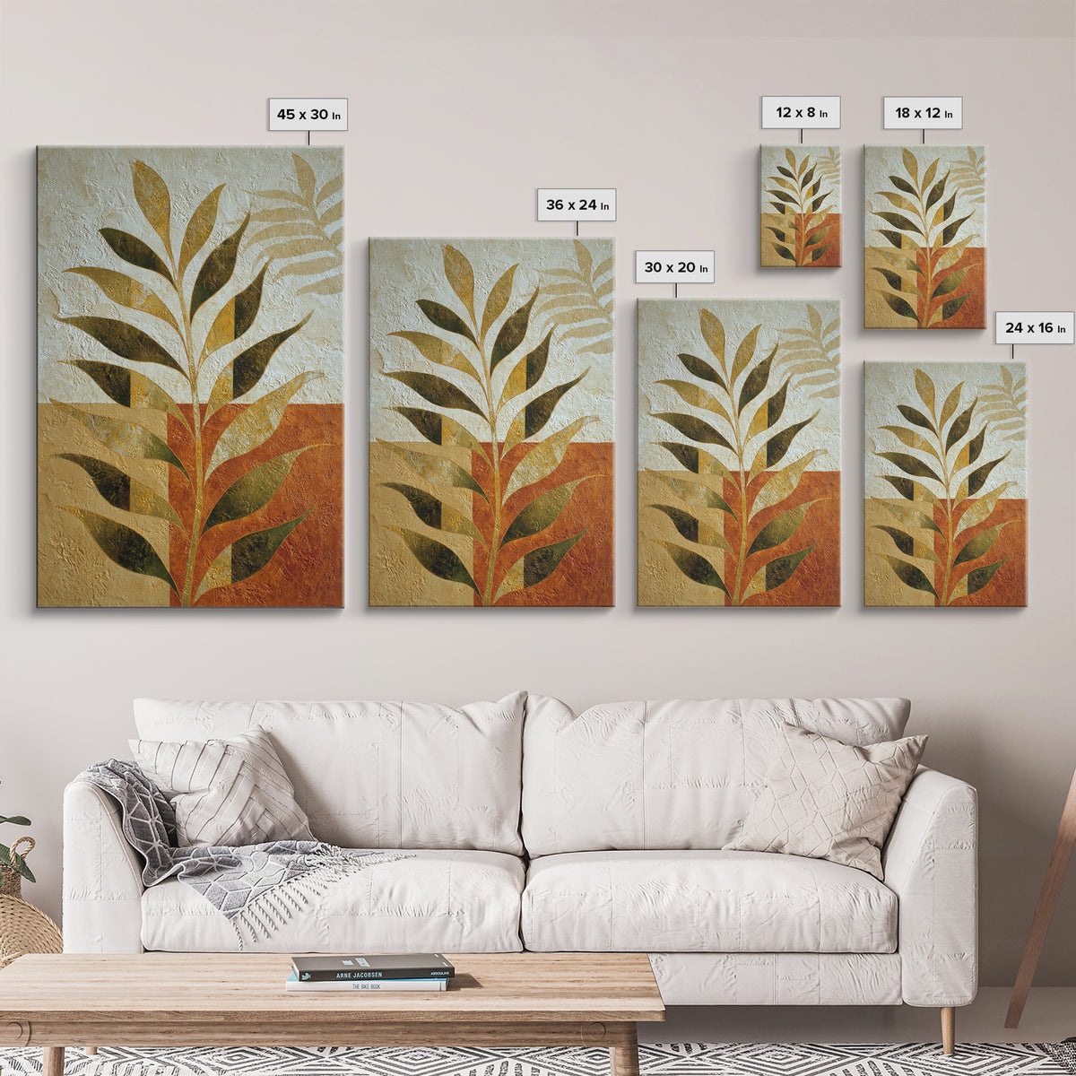 Olive Green Abstract Leaf Pattern Framed Canvas Print, Monochrome Art, Bedroom Decor, Living Room Decor, Oil Painting, Mono, MON-2x3-28