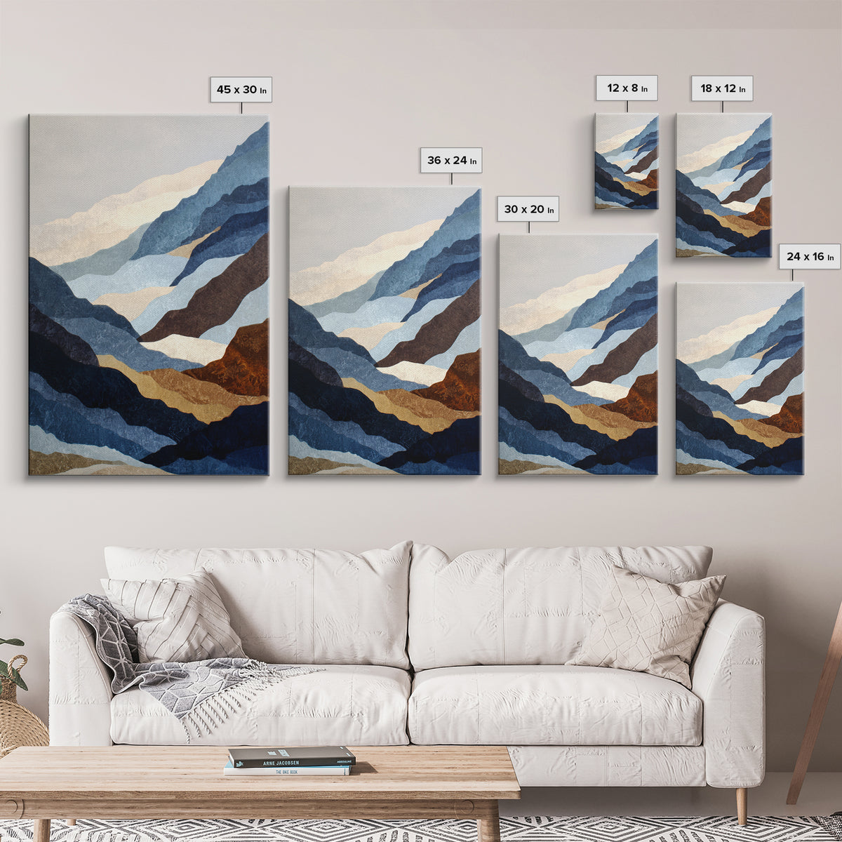 Blue Mountain Ridge Layers Canvas Print, Monochrome Art, Abstract Painting, Living Room Decor, Watercolor Art, Mono, MON-2x3-32