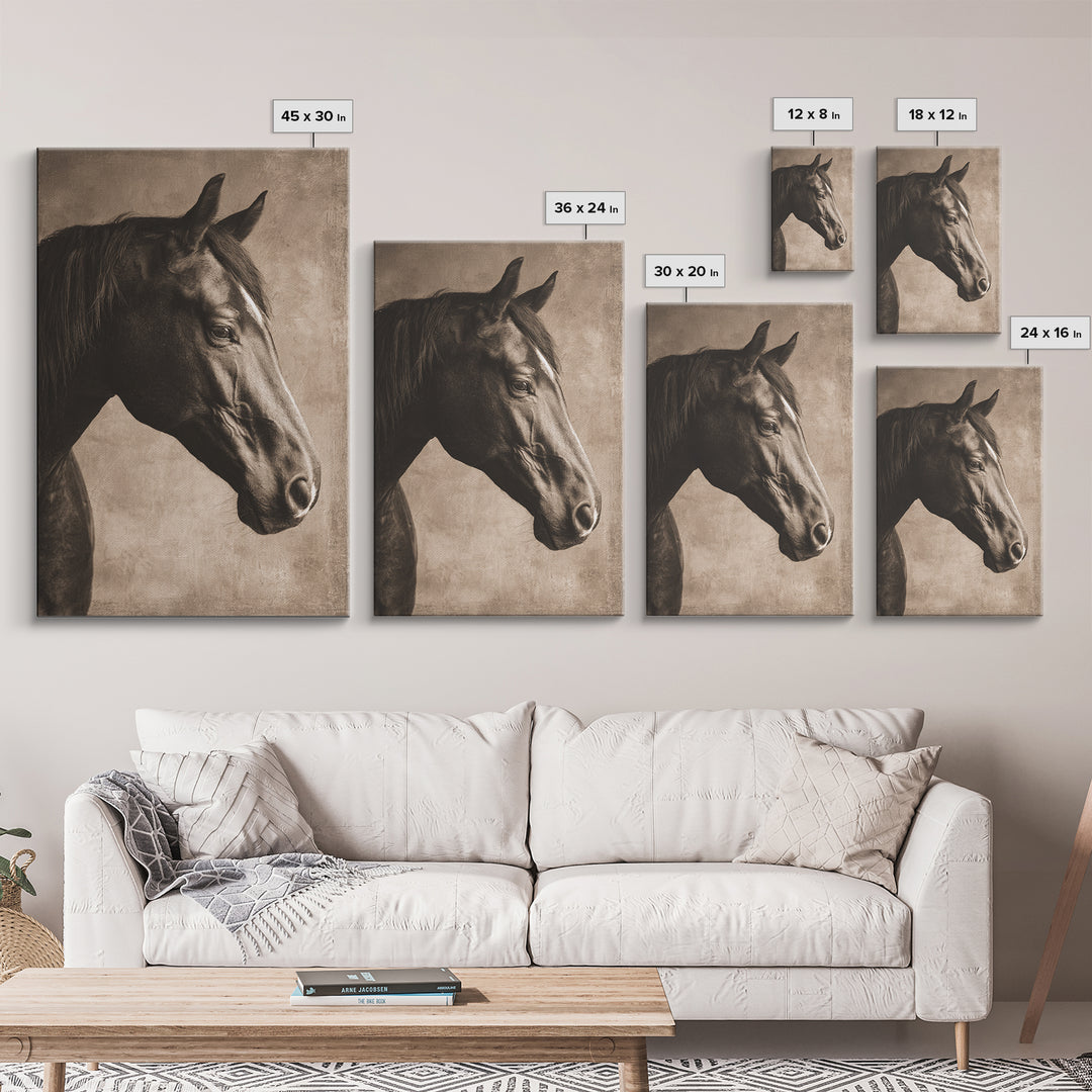 Sepia Horse Portrait Framed Canvas Print, Monochrome Art, Contemporary Art, Living Room Decor, Oil Painting, Mono, Original Art, MON-2x3-34