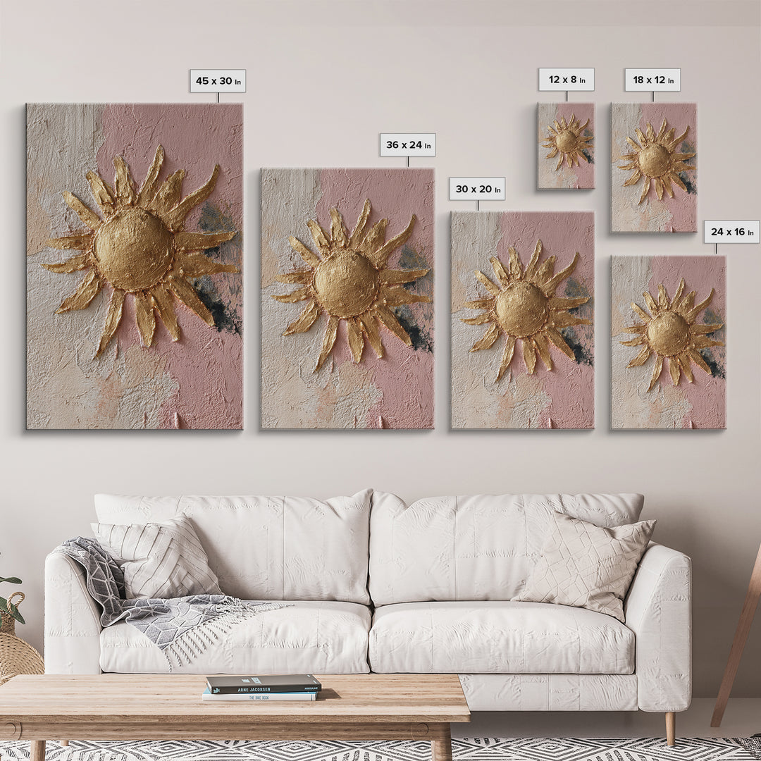 Gold Tonal Sunburst Medallion Framed Canvas Print, Monochrome Art, Textured Painting, Living Room Decor, Fine Art, Mono, MON-2x3-46
