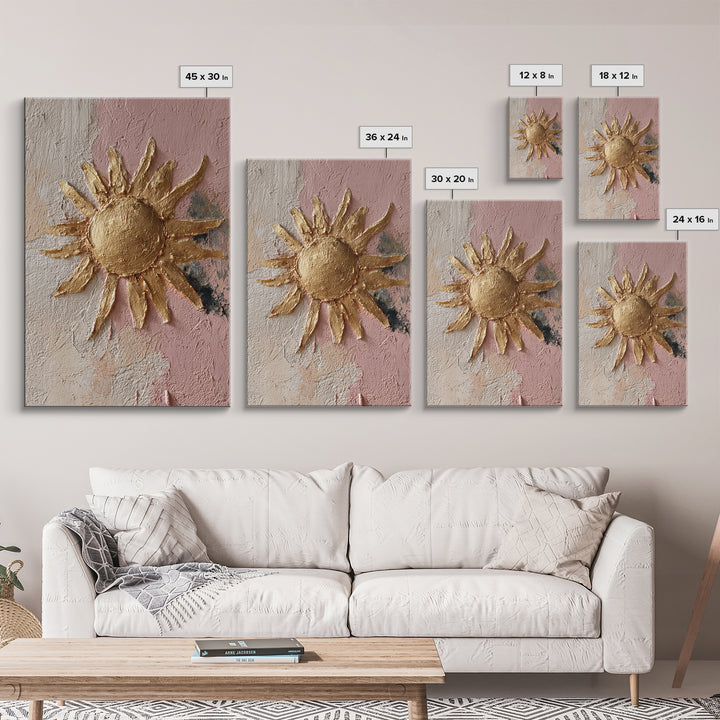 Gold Tonal Sunburst Medallion Framed Canvas Print, Monochrome Art, Textured Painting, Living Room Decor, Fine Art, Mono, MON-2x3-46