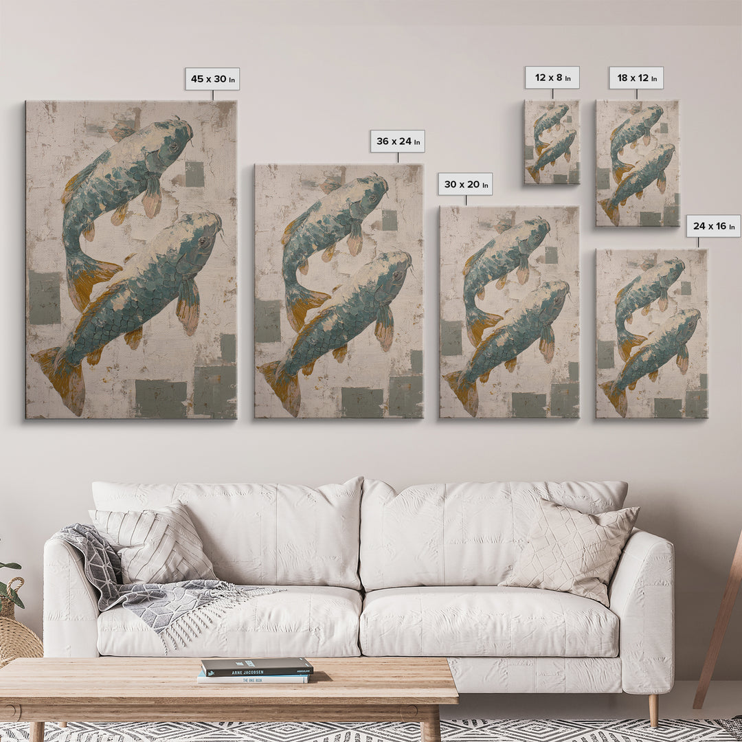 Teal Koi Fish on Tonal Water Canvas Print, Monochrome Art, Digital Art, Living Room Decor, Fine Art, Mono, Dark Academia Decor, MON-2x3-49