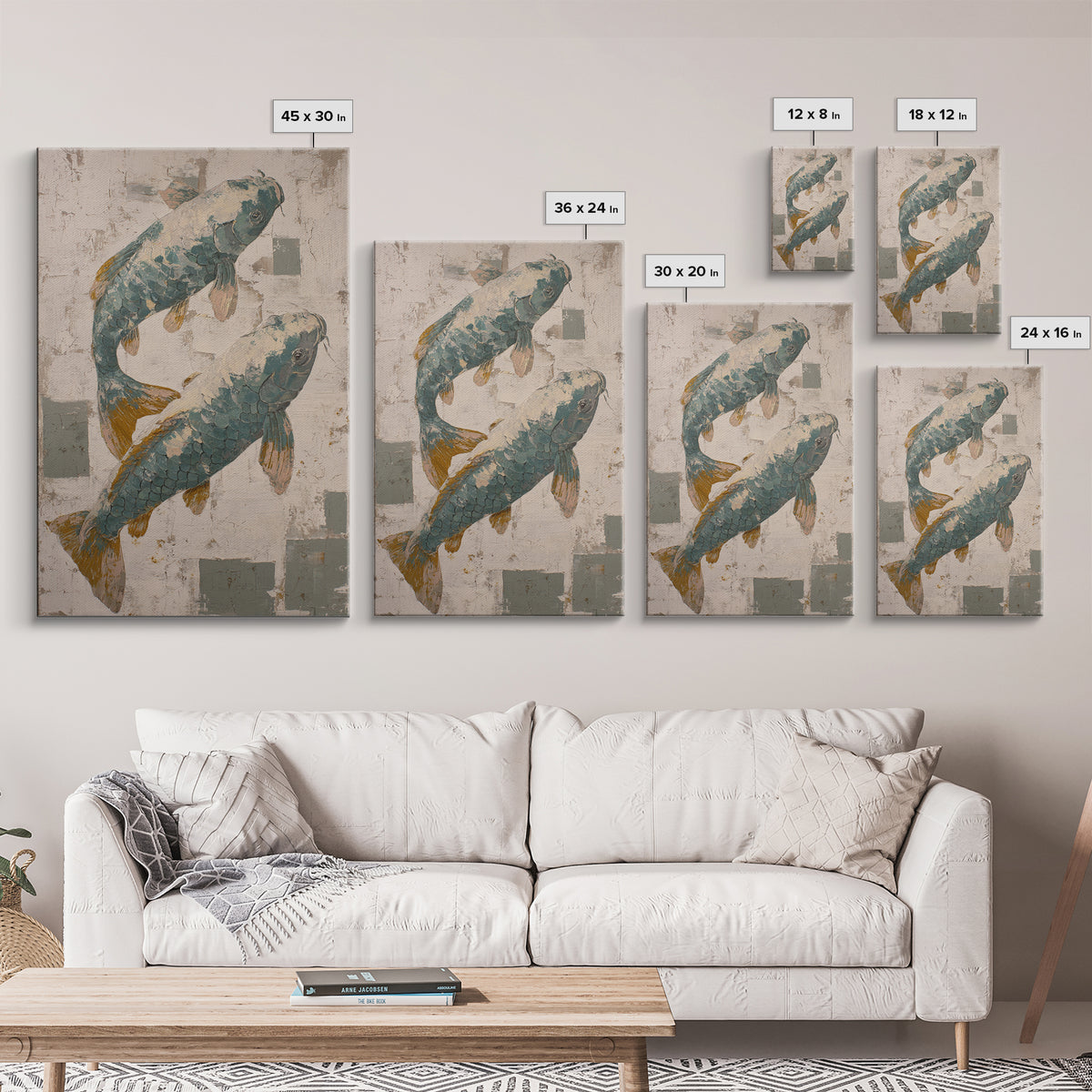 Teal Koi Fish on Tonal Water Canvas Print, Monochrome Art, Digital Art, Living Room Decor, Fine Art, Mono, Dark Academia Decor, MON-2x3-49