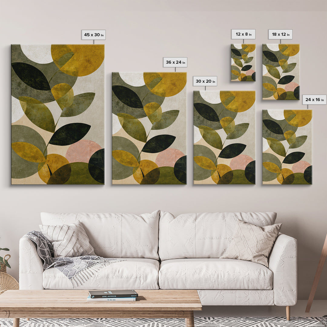 Olive Green Abstract Leaf Pattern Framed Canvas Print, Monochrome Art, Boho Decor, Living Room Decor, Fine Art, Mono, MON-2x3-52