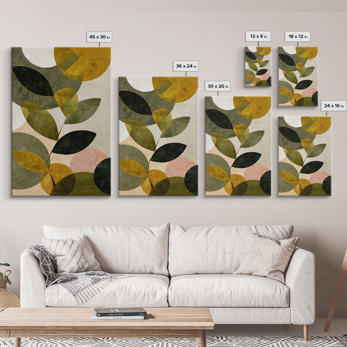Olive Green Abstract Leaf Pattern Framed Canvas Print, Monochrome Art, Boho Decor, Living Room Decor, Fine Art, Mono, MON-2x3-52