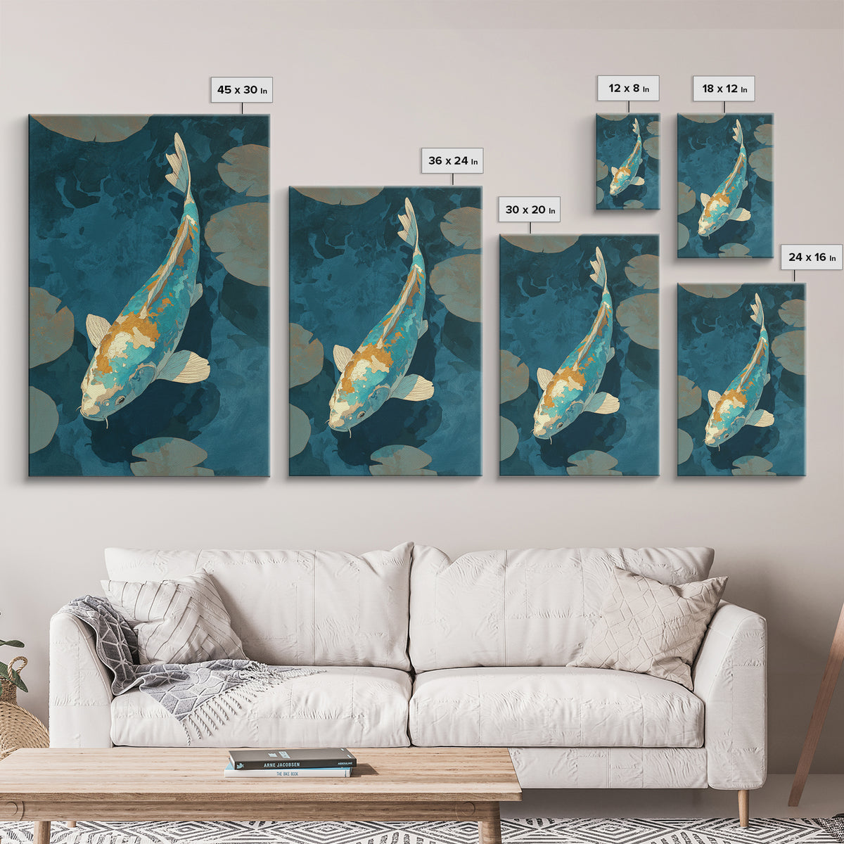 Teal Koi Fish on Tonal Water Framed Canvas Print, Monochrome Art, Original Art, Living Room Decor, Fine Art, Mono, Bird Art, MON-2x3-73