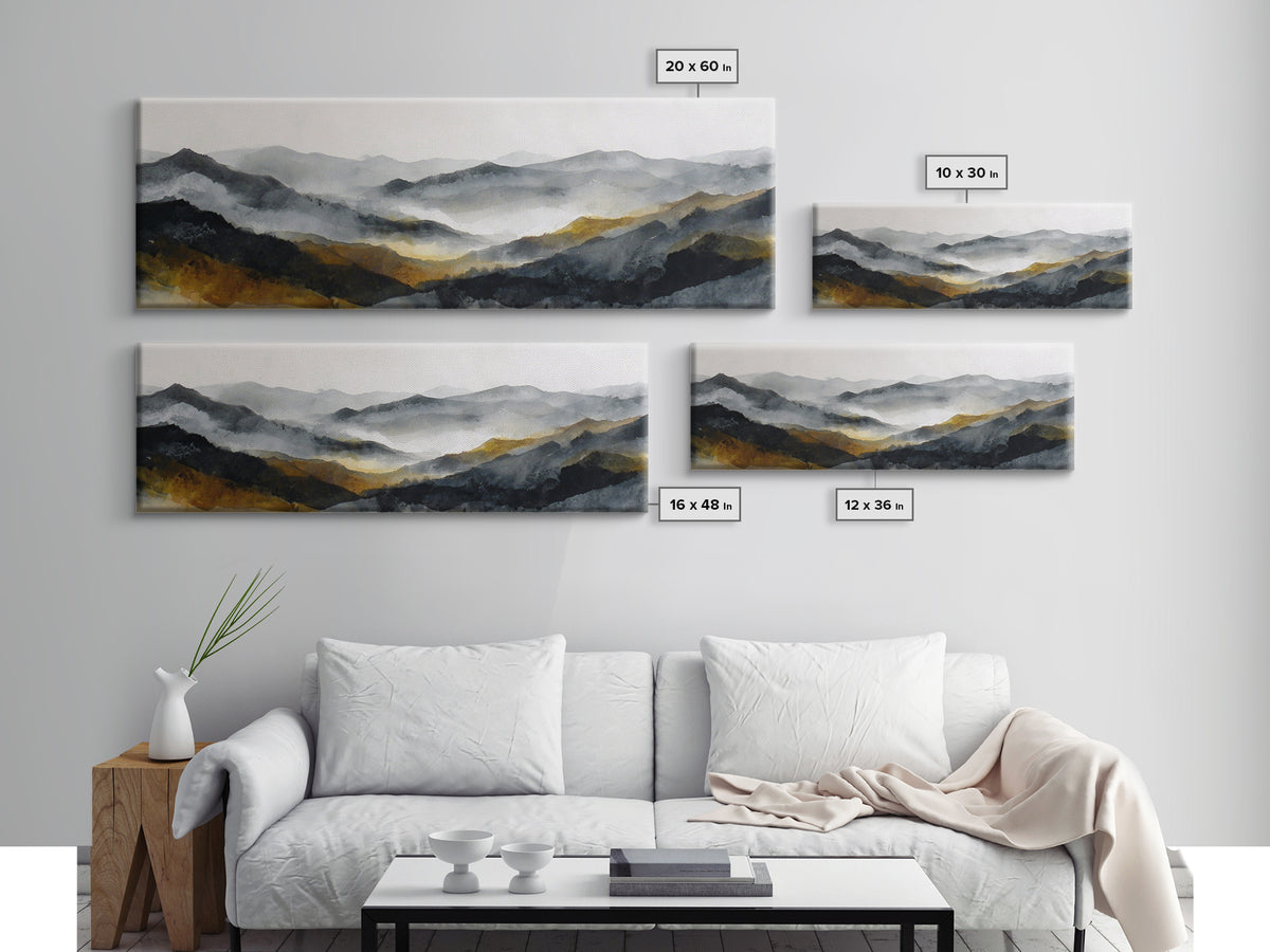 Charcoal Mountain Landscape Canvas Print, Monochrome Art, Abstract Painting, Living Room Decor, Oil Painting, Mono, MON-3x1-20